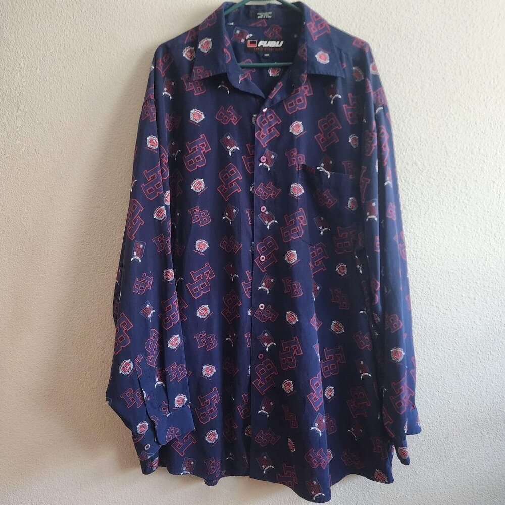 FUBU Shirt Mens 3XL Navy Blue Red Button Up Long Sleeve All Over Print 90s Style
